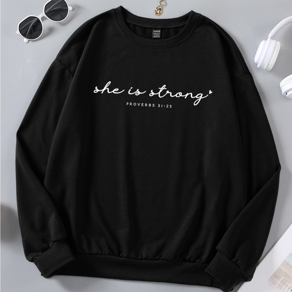 SHEIN Bible Verse Drop Shoulder Sweatshirt. Size: M.   Color: Black